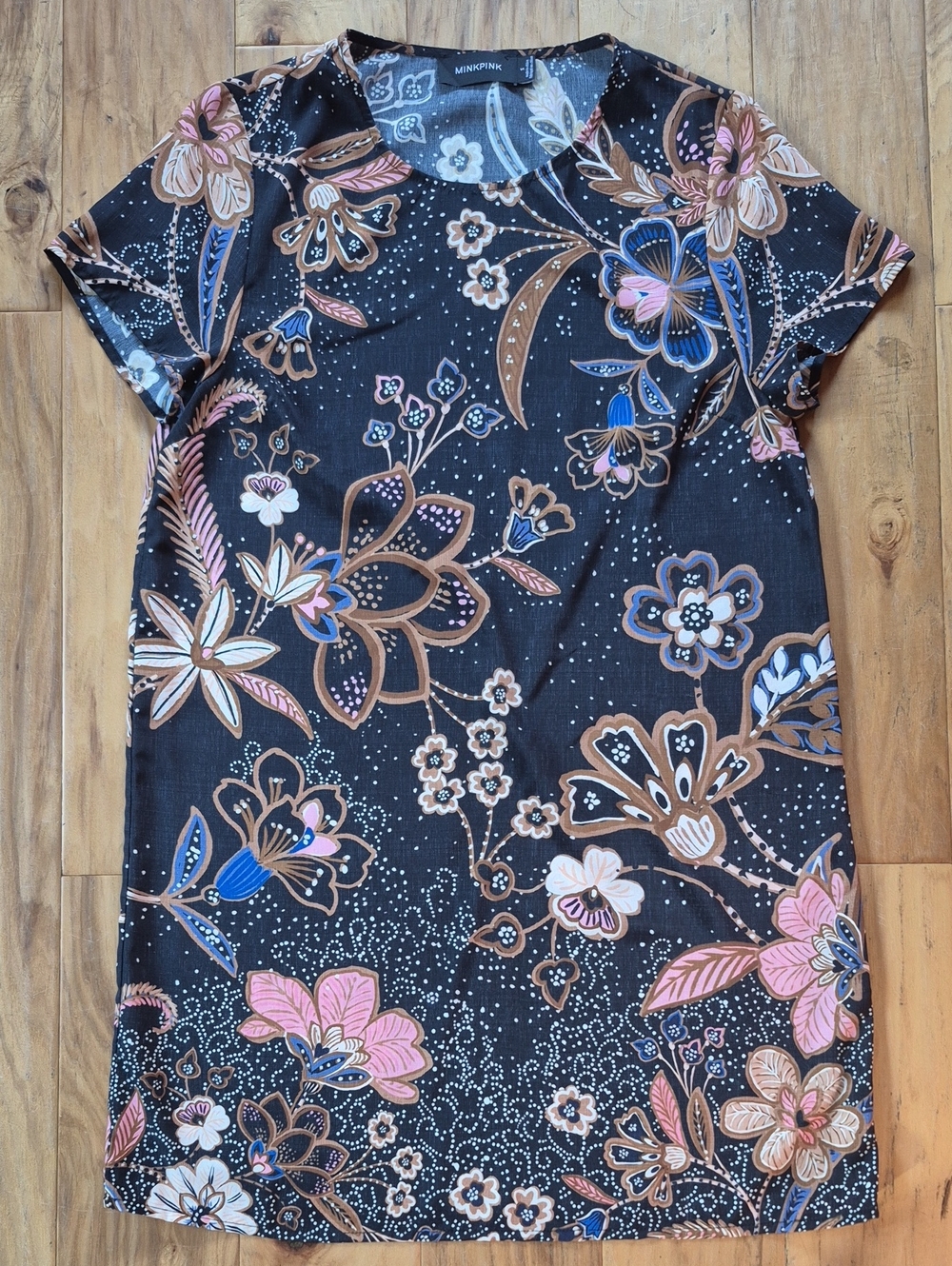 MINKPINK Black Shift Dress with Pink, Blue & Tan Floral Print